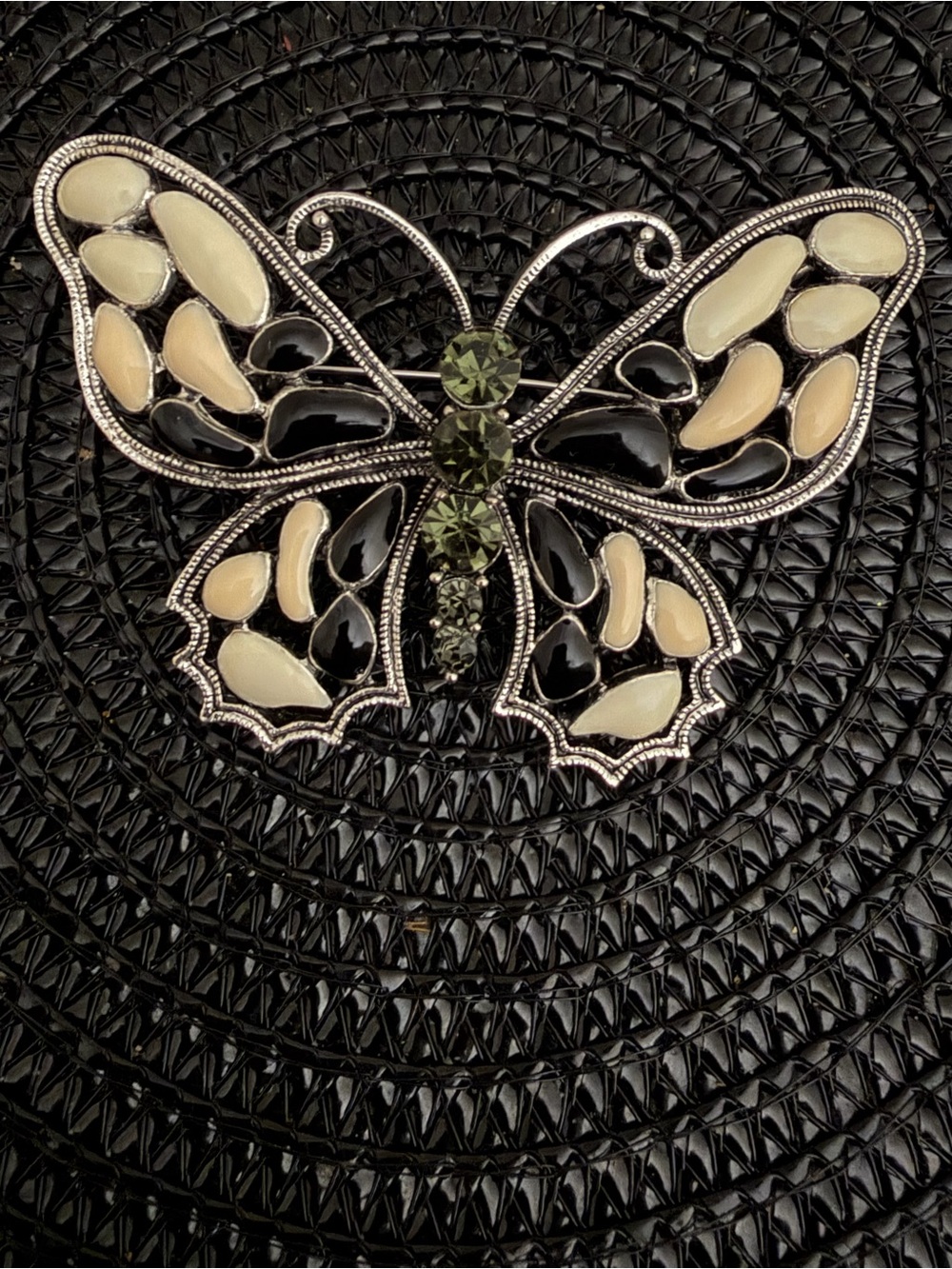 Butterfly Brooch Pin with Cream, Black & Olive Accents